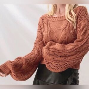 Love Tree Womens Oversized Cropped Orange Rust Knit Sweater W Balloon Sleeves S